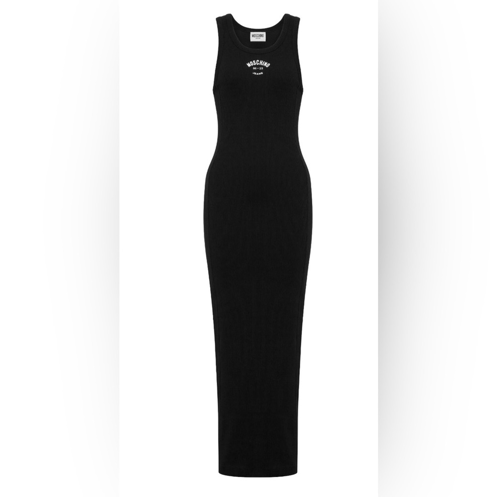 Moschino Black Ribbed Maxi Tank Dress with Logo